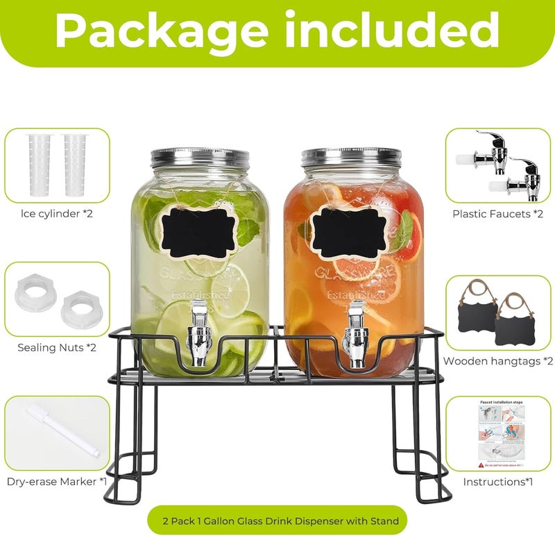 DHSBTLS 1 Gallon Glass Drink Dispensers, 2 Pack Clear Beverage Dispenser for Party, BBQ and Picnic, Juice Dispenser with Ice Core, Black Stand, Spigot, Markers and Chalkboard - Image 2